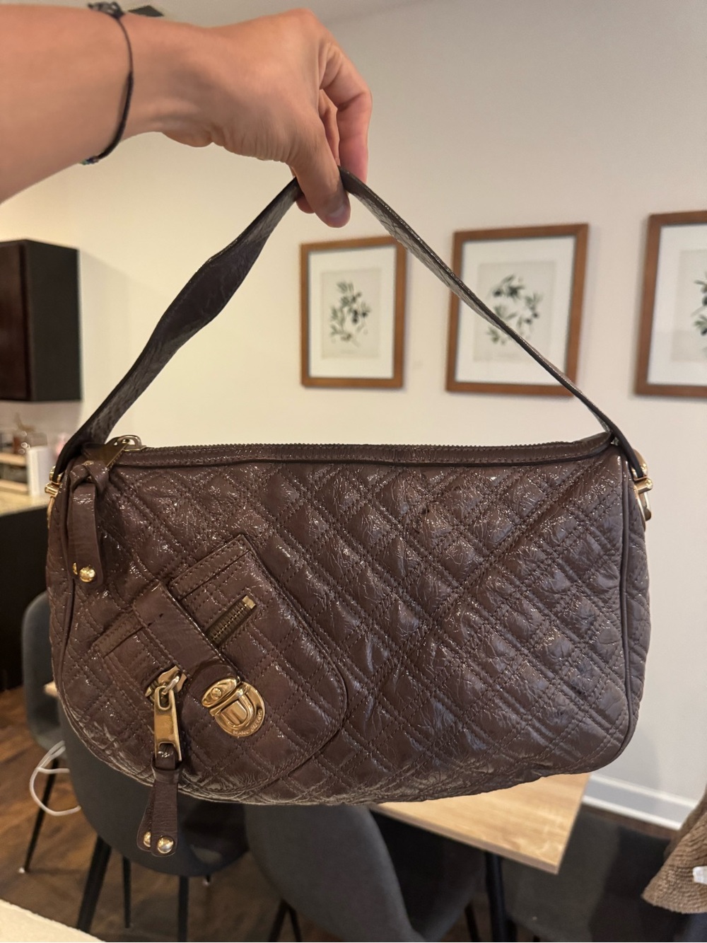 Quilted Patent Leather Made in Italy Marc Jacobs Ursula Shoulder Bag in Taupe